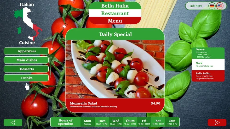 Italian restaurant digital menu board screen showing daily special food menu