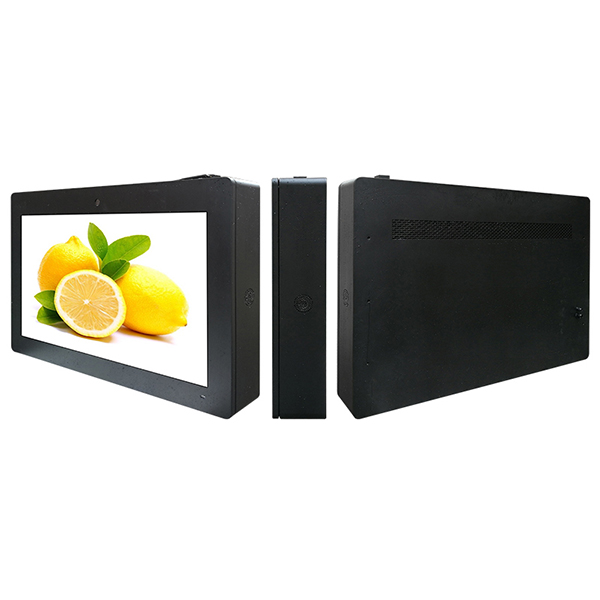 Wall mounted outdoor IP65 waterproof LCD advertising display, front side and back view of high brightness outdoor digital signage