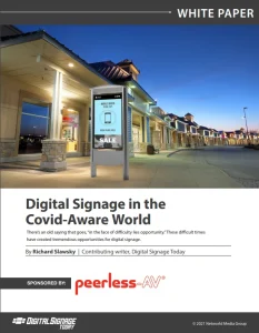 White paper cover of Digital Signage in the Covid-Aware World, outdoor standing digital signage at retail shopping street