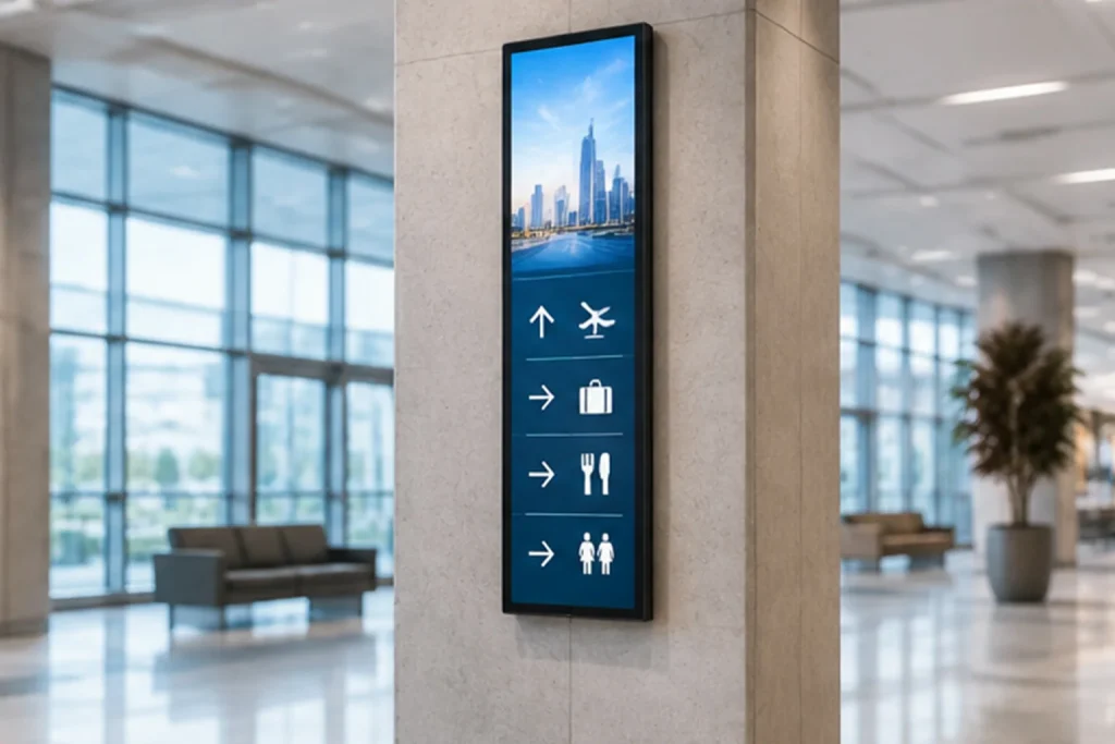 GoXmart 37 inch bar display mounted vertically on commercial space pillars for digital wayfinding and information displays