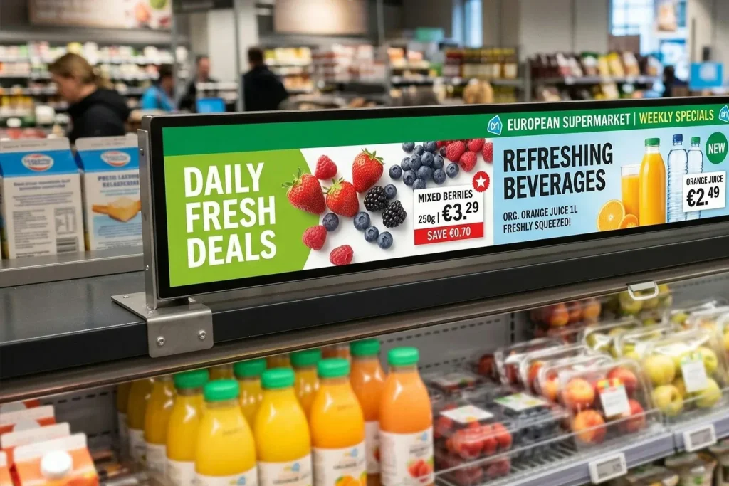 GoXmart 37 inch bar display installed on retail shelf for product promotions and branded merchandise displays