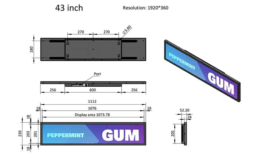 GoXmart 43" stretched bar LCD dimension schematic diagram