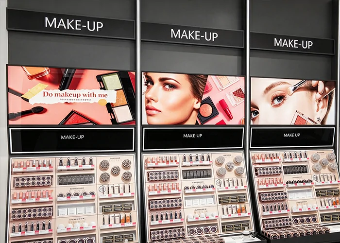 GoXmart 43 inch stretched bar screen integrated into cosmetics display cabinet for retail promotion