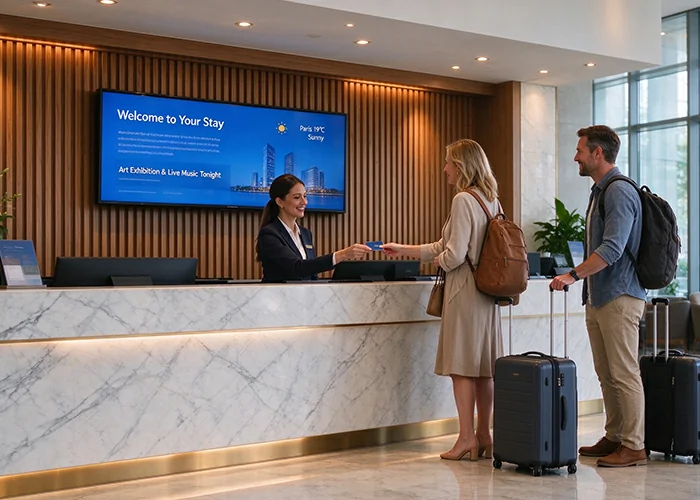 GoXmart 43 inch stretched bar screen installed in hotel lobby for digital signage and customer information display