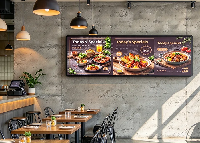 GoXmart 43 inch stretched bar screen used in restaurant digital menu display and customer experience solutions