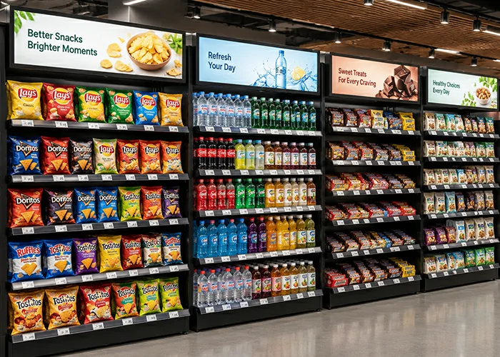 GoXmart 43 inch stretched bar screen installed on supermarket shelf for product advertising display