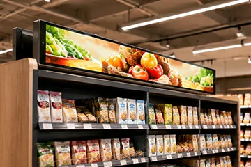 GoXmart 43 inch stretched display installed on retail shelves for product advertising