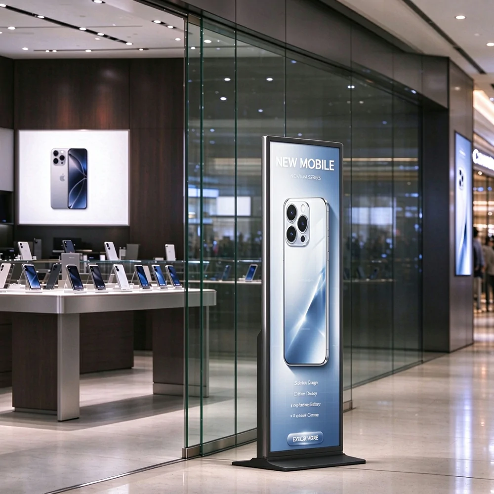 Full screen vertical digital signage display, standing kiosk in mobile phone brand retail shop inside shopping mall, advertising new smartphone