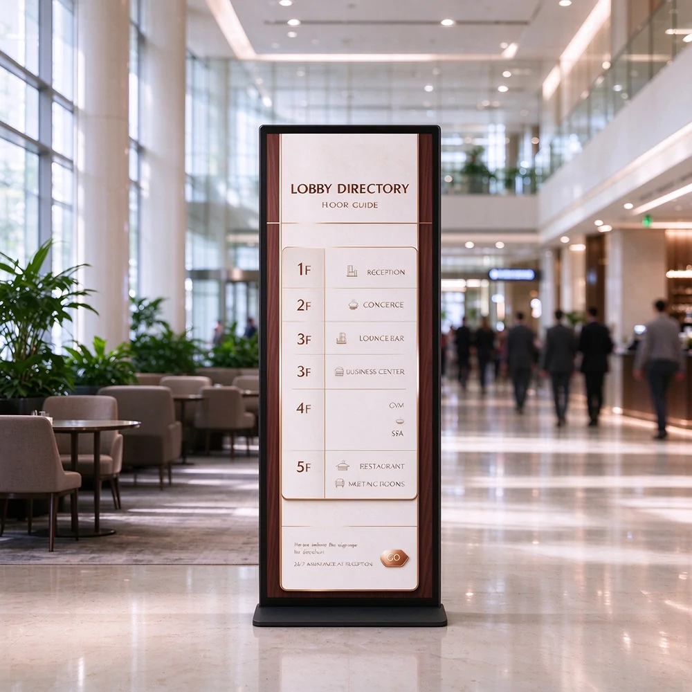 Goxmart full-screen digital signage freestanding unit for public building wayfinding and information