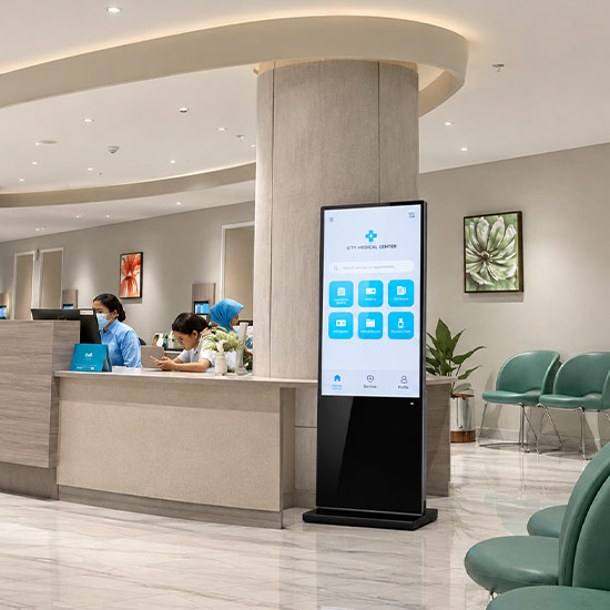 goxmart indoor digital signage, floor standing touch screen kiosk for hospital lobby self service