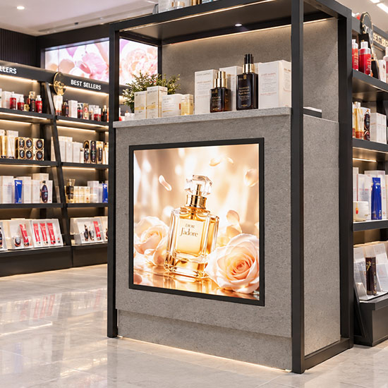 goxmart indoor digital signage, square embedded lcd digital signage for perfume cosmetic retail shop