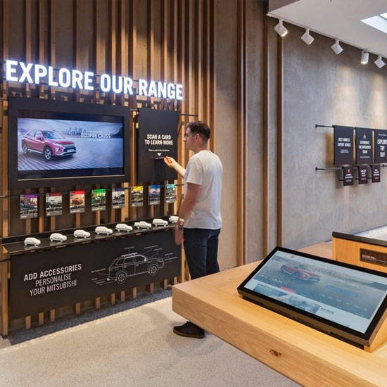 goxmart indoor digital signage, wall lcd screen and table touch kiosk for car showroom interactive display