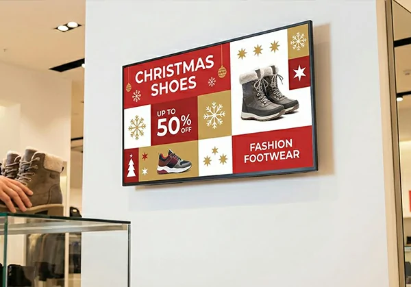 GoXmart indoor wall mounted digital signage, wall digital screen showing seasonal discount ads inside retail shoe store