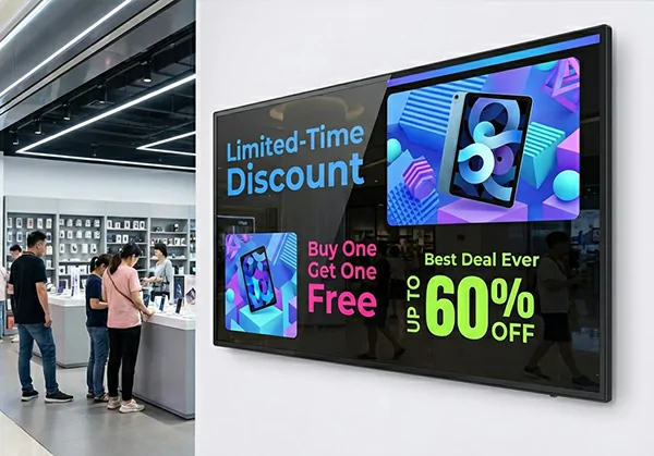 GoXmart indoor wall mounted digital signage, wall advertising display showing limited-time discount in retail shop