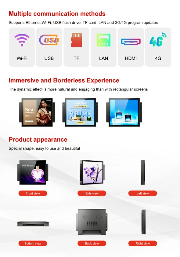 Square lcd signage support wifi usb 4g hdmi, front back side views