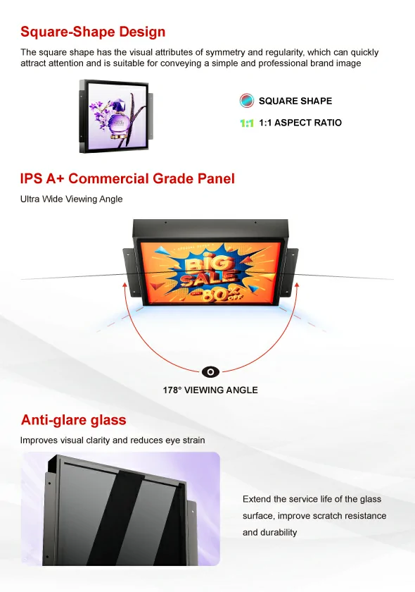 1:1 square lcd monitor, IPS A+ panel, 178° wide viewing angle, anti-glare glass