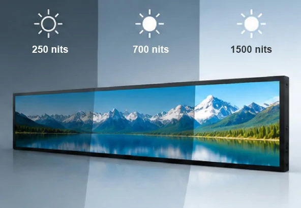 Stretched bar LCD display brightness comparison 250 nits,700 nits,1500 nits high brightness commercial screen