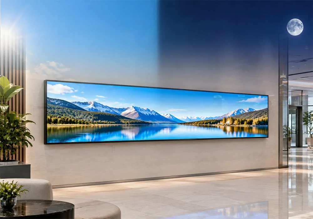 Stretched bar LCD digital signage, industrial grade, supports 24/7 uninterrupted all-day operation for hotel, elevator and retail