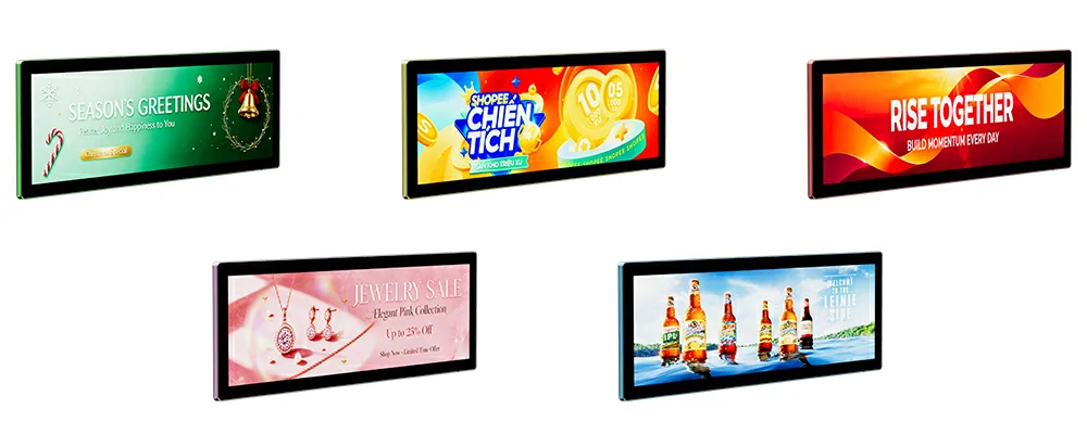 GoXmart stretched bar LCD digital signage with customizable frame colors, multiple advertising demo screens showing Christmas, jewelry, beverage and promotion content