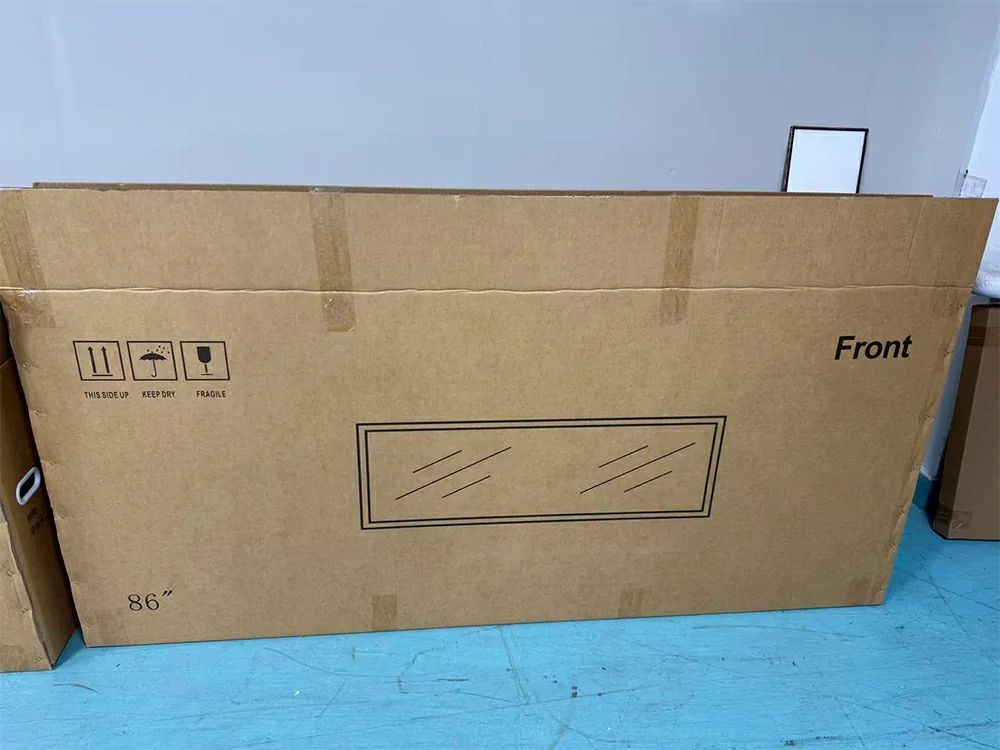 GoXmart stretched bar LCD display carton packaging, heavy-duty export cardboard box with fragile shipping marks