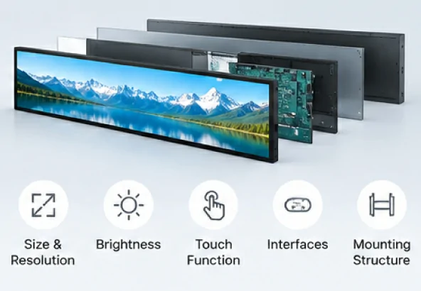 Ultra wide stretched bar LCD display, custom size, brightness, touch function, interfaces and mounting structure for commercial digital signage