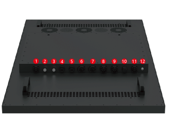 Rear interface panel of outdoor digital signage, multiple customizable ports including HDMI, RJ45, USB, Wi-Fi and power connectors for flexible system integration