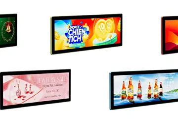 GoXmart stretched bar LCD digital signage with customizable frame colors, multiple advertising demo screens showing Christmas, jewelry, beverage and promotion content