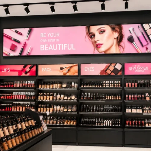 goxmart stretched display digital signage in a cosmetics store for product promotion and retail advertising