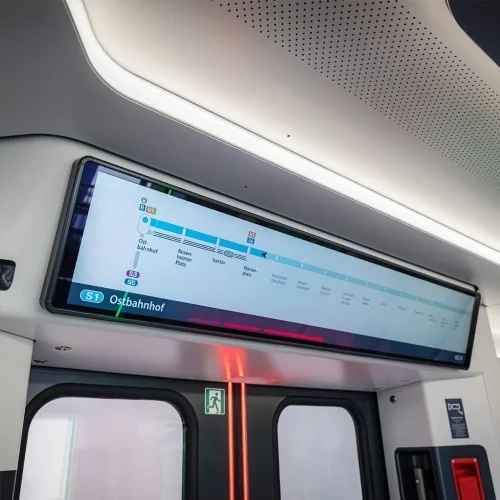goxmart stretched transportation digital signage, route information display screen inside train carriage