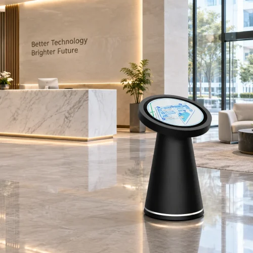 goxmart vertical circular digital signage kiosk, round display touch interactive kiosk in modern company lobby