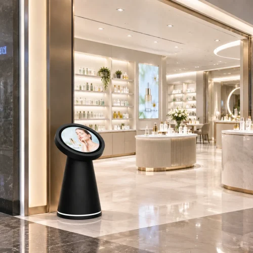 goxmart vertical circular digital signage kiosk, round display interactive kiosk in luxury cosmetics retail shop