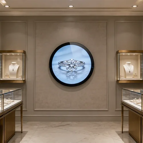 goxmart wall mounted circular lcd display, round display digital signage wall installation in luxury jewelry store